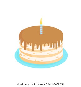 Chocolate covered birthday cake. Sponge cake volumetric flat style cake with one lit candle. Vector isolated on white.