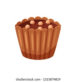 Chocolate covered bonbon candy stuffed nougat, mousse, cream. Vector illustration candy catoon icon isolated on white background