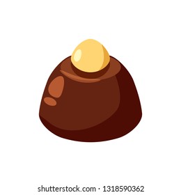 Chocolate covered bonbon candy stuffed nougat, mousse, cream. Vector illustration candy catoon icon isolated on white background