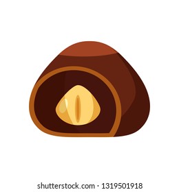 Chocolate covered bonbon candy stuffed nougat, mousse, cream. Vector illustration candy catoon icon isolated on white background