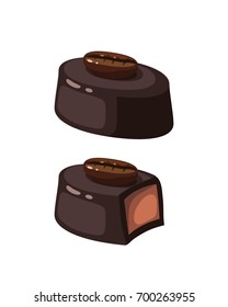 Chocolate covered bonbon coffee filling. Vector illustration candy flat icon isolated on white.