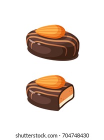 Chocolate covered bonbon filling almond nougat. Vector illustration candy flat icon isolated on white.
