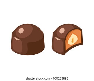 Chocolate covered bonbon filling hazelnut nougat. Vector illustration candy flat icon isolated on white.