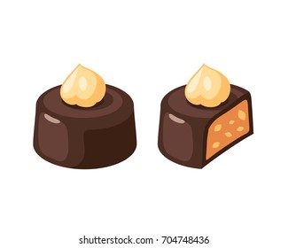 Chocolate covered bonbon filling hazelnut nougat. Vector illustration candy flat icon isolated on white.