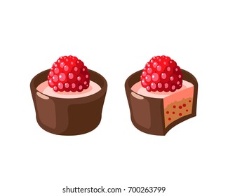 Chocolate covered bonbon filling raspberry mousse. Vector illustration candy flat icon isolated on white.