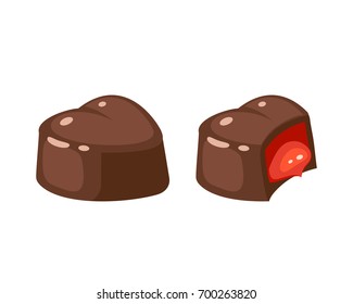 Chocolate covered bonbon jam filling. Vector illustration candy flat icon isolated on white.