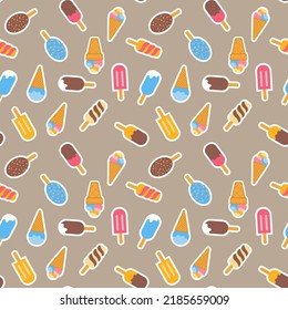Chocolate covered creamy ice cream and waffle cone with sorbet scoop seamless pattern for design