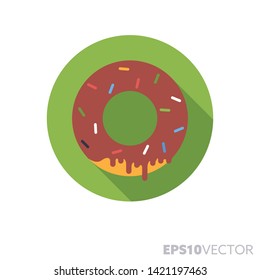 Chocolate covered donut with sprinkles flat design round icon. Color symbol of pastry and junk food. Long shadow sweet food vector illustration in a circle isolated on white background.