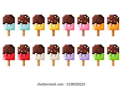 Chocolate covered ice cream sticks' pixel art set. Vector illustration.