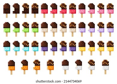 Chocolate covered ice cream sticks' pixel art set. Vector illustration.