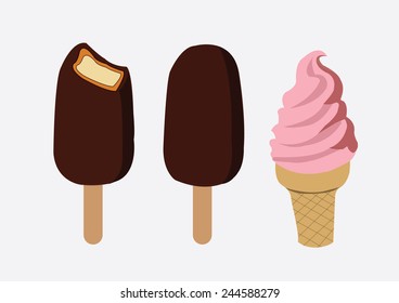 Chocolate covered ice-cream on a stick with missing bite and ice cream cone. Vector Illustration