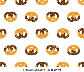 Chocolate covered pretzels, seamless pattern on white background. Cute vector cartoon food texture.