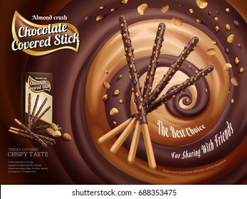 Chocolate covered stick ads, chocolate stick with almond crush isolated on swirling rich sauce in 3d illustration