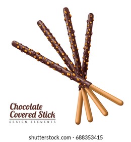 Chocolate covered stick element, chocolate stick with almond crush isolated on white background in 3d illustration