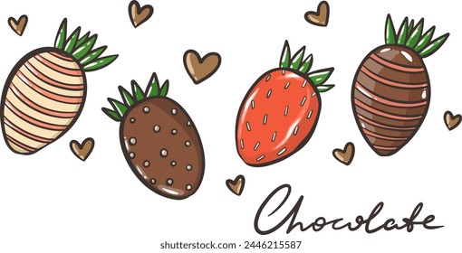 Chocolate covered strawberries, fresh chocolate covered berries in cartoon style