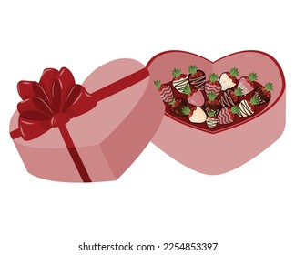 Chocolate covered strawberries in a heart shaped pink gift box. Vector holiday illustration isolated on white background.
