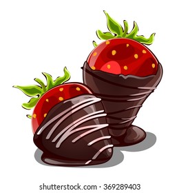 Chocolate covered strawberries isolated on a white background. Cartoon vector close-up illustration.