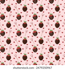 Chocolate covered strawberries and lollipops. Fresh and sweet berries. Valentines Day seamless pattern. Pink background. Vector illustration