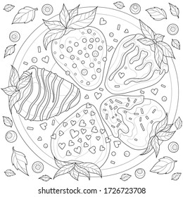 Chocolate covered strawberries, mint, blueberries.Sweets.Coloring book antistress for children and adults. Illustration isolated on white background.Zen-tangle style.