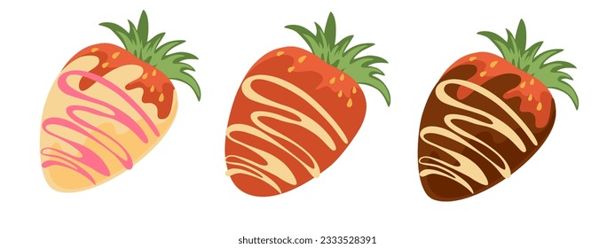 Chocolate covered strawberries. Set of sweet desserts, Strawberries in pink colored white, milk and dark chocolate. Valentine's Day chocolate fondue snack. Vector illustration