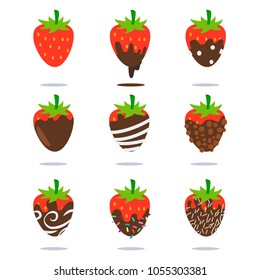 Chocolate covered strawberries vector cartoon flat fruit icons set isolated on white background.