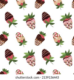 Chocolate covered strawberry. Strawberry in glaze, chocolate, sprinkle. Seamless pattern. Vector