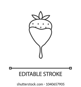 Chocolate covered strawberry linear icon. Thin line illustration. Contour symbol. Vector isolated outline drawing. Editable stroke