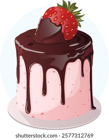 Chocolate Covered Strawberry Mini Cake with Dripping Glaze. Valentine's Day Dessert Illustration 