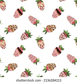 Chocolate covered strawberry seamless pattern. Strawberry in glaze, chocolate, sprinkle. Vector