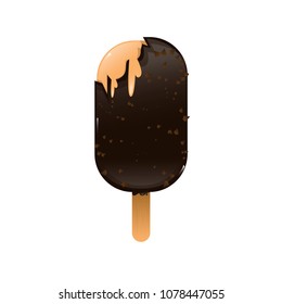 Chocolate covered vanilla ice cream with beans on white background.