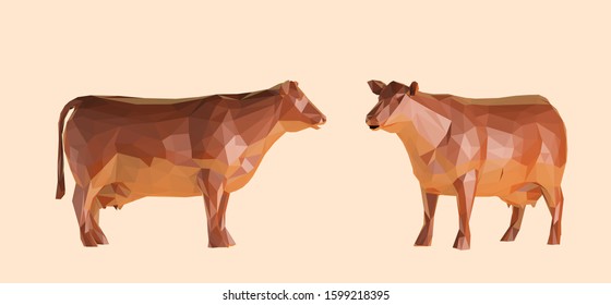 Chocolate Cow. Set of Brown Shiny Cows on Isolated Background. Low Poly Vector 3D Rendering