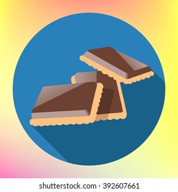 chocolate cracker cookie flat long shadow style vector icon. Cookie glazed chocolate illustration. Chocolate shortbread pictogram. Chocolate cookies sign. 