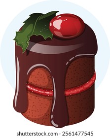 Chocolate Cranberry Christmas Mini Cake. Celebratory Festive Dessert Detailed Illustration.