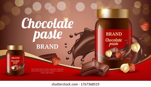 Chocolate cream ads. Delicious sweet brown paste flowing eat product vector realistic promotional placard