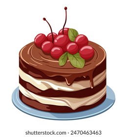 Pastel de crema de chocolate decorado con cerezas. Ilustración sobre fondo blanco