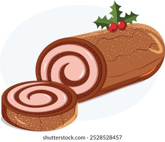 Chocolate Cream Cake Roll with Powdered Sugar and Cranberry on Top - Christmas Swiss Cake Vector Art 