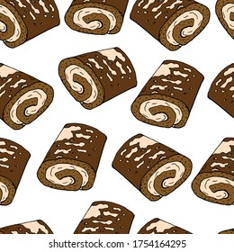 Chocolate cream cake seamless pattern. Sweet cartoon dessert. Endless texture for your design, announcements, postcards, posters, restaurant menu.