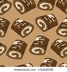 Chocolate cream cake seamless pattern on brown background. Sweet cartoon dessert. Endless texture for your design, announcements, postcards, posters, restaurant menu.	