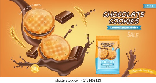 Chocolate cream cookies Vector realistic. Product placement mock up. Sweet dessert chocolate splash label design. 3d illustration