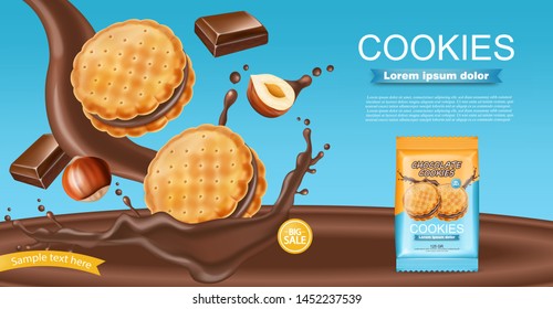 Chocolate cream cookies Vector realistic. Product placement mock up. Sweet dessert chocolate splash design. 3d illustration