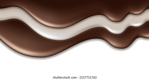 Chocolate cream and milk wave splash, liquid flowing texture wave swirl, white cream and dark brown chocolate. Melted drip isolated on white background. Vector illustration