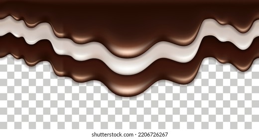 Chocolate cream and milk wave splash; liquid flowing texture wave swirl; white cream and dark brown chocolate. Melted drip isolated on white background. Vector illustration