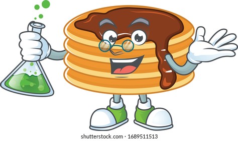 Chocolate cream pancake genius Professor Cartoon character holding glass tube