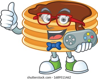 Chocolate cream pancake talented gamer a mascot design play game with controller 