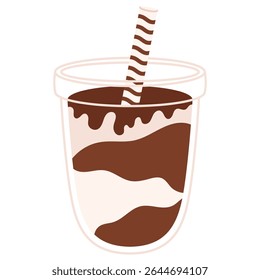 Soda de creme de chocolate com redemoinhos decorativos e palha listrada em copo plástico transparente. Bebida rica e indulgente. Ilustração vetorial em desenho animado em estilo plano. Isolado no fundo branco.
