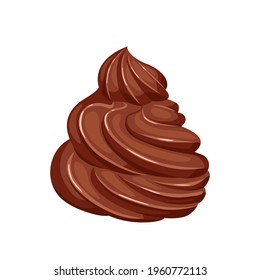 Chocolate cream swirl or frozen yogurt isolated on white background. Vector illustration of chocolate ganache in cartoon flat style. Food icon.