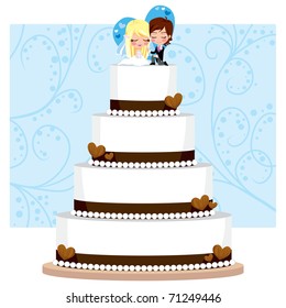 Chocolate and Cream Wedding Cake with hearts and groom and bride figure on top