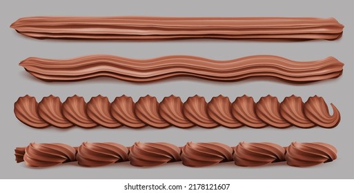 Borde de látigo de crema de chocolate, batidos marrones. Marco, espuma ondulada con sabor a cacao para el borde de la tarta, torrente cremoso dulce para la decoración pastelera elementos de confitería aislados Ilustración vectorial 3d realista