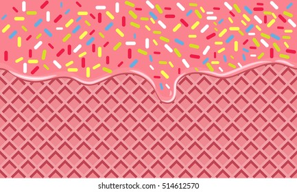 Chocolate Crispy Waffle with Flowing cream with Sprinkles. Wafer Vector Texture. Tasty Food Background with flat color style design