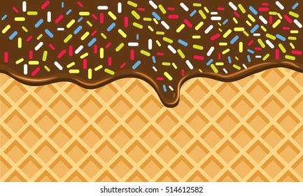 Chocolate Crispy Waffle with Flowing Hot Chocolate with Sprinkles. Dark Black Chocolate Dessert. Wafer Vector Texture. Tasty Food Background with flat color style design